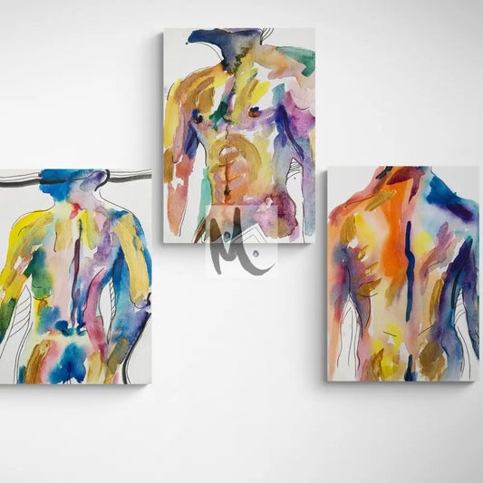 Abstract Nude Man Body Set of 3 Wall Art ‘He Unveiled - Trilogy‘ Print Sizes: A4 A3 A2 A1