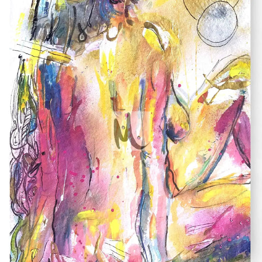 An abstract original painting showcasing a woman, very colourful
