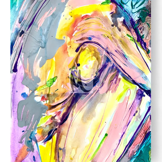 a colourful abstract painting of a woman fugure