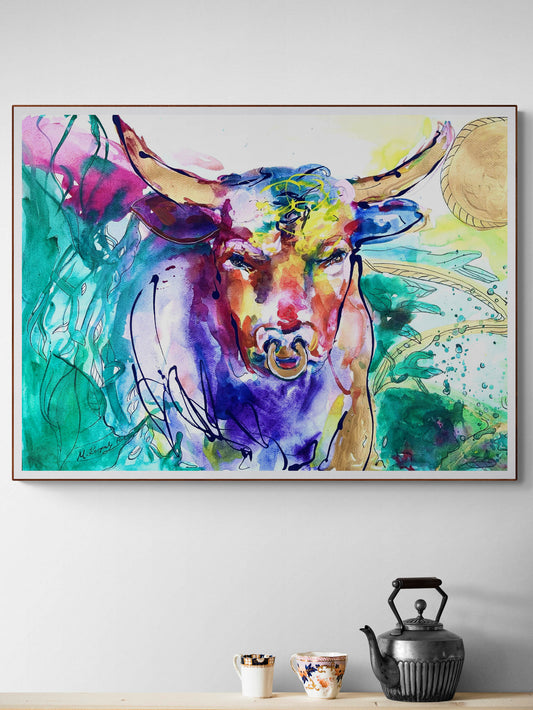 'Bull' Art Print with Hand Painted Details