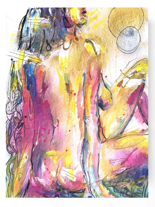 An abstract original painting showcasing a woman, very colourful 
