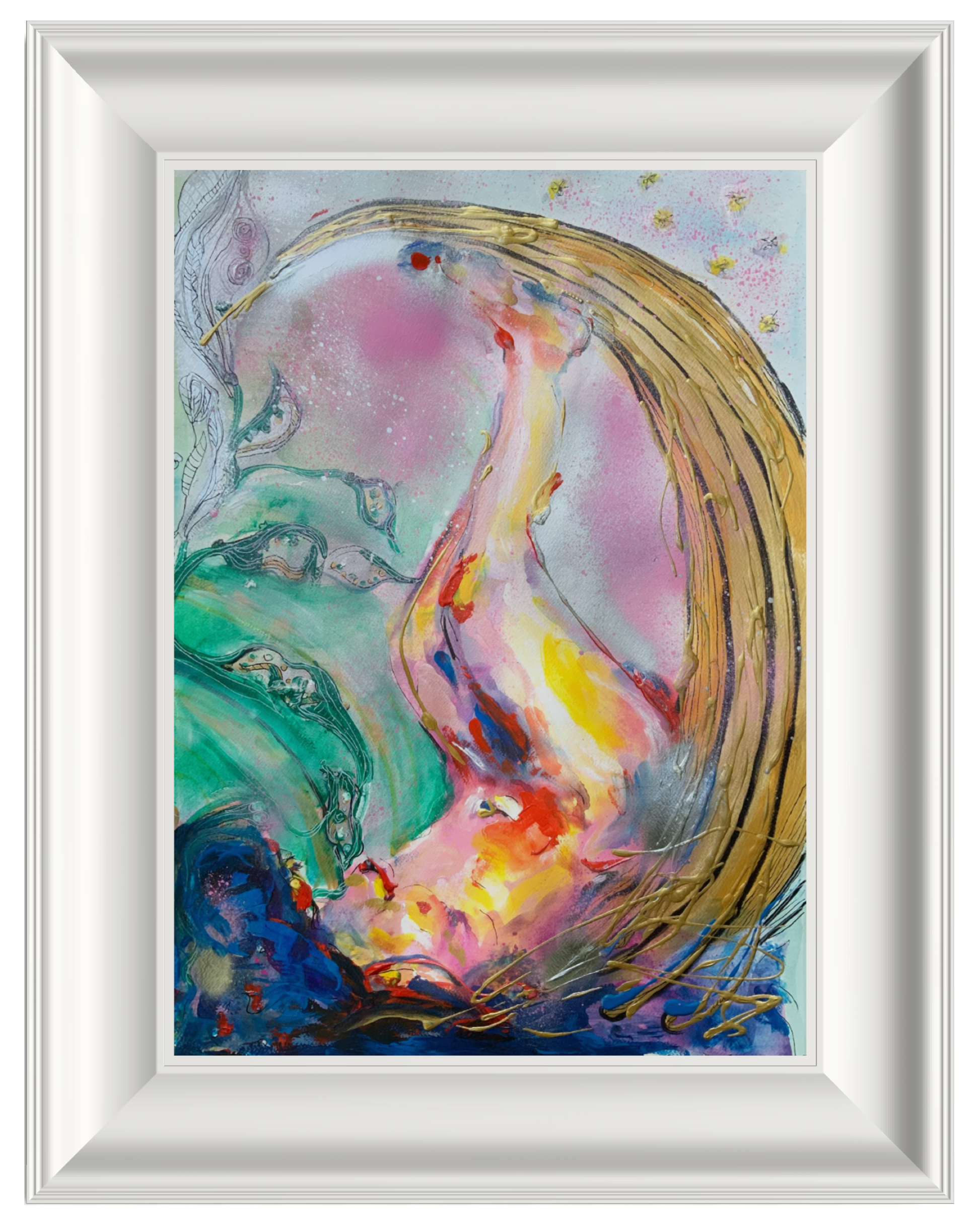 A framed abstract art featuring a stylized, colorful woman and a moon painting