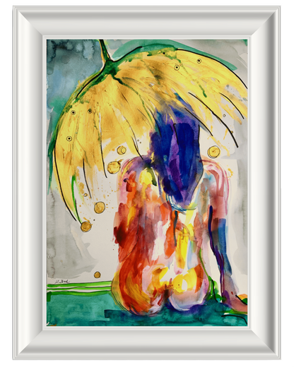 Abstract art for living room, lady is holding an umbrella