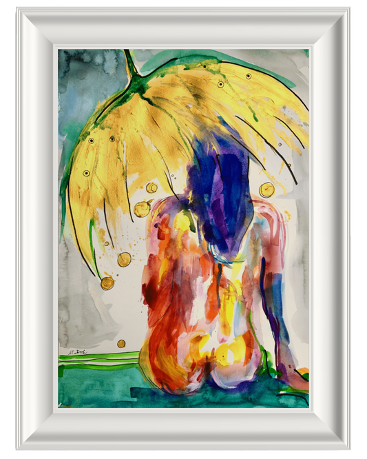 Abstract art for living room, lady is holding an umbrella