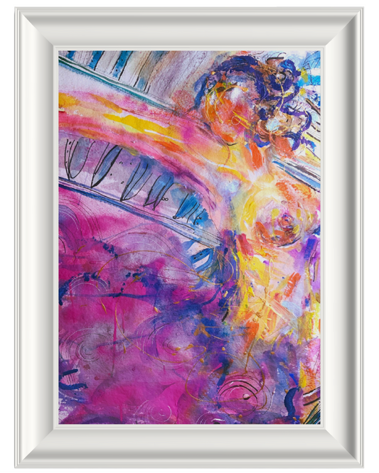 A framed abstract painting featuring a stylized female figure in vibrant shades of pink, purple, yellow, orange, and blue, enclosed in a white frame.