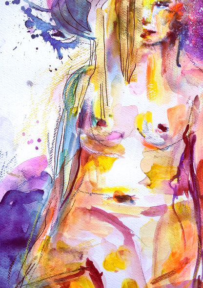 Abstract nude painting with vibrant colours on a white background