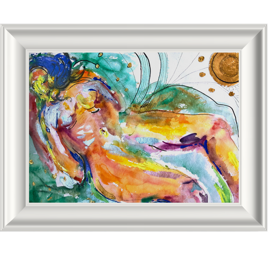 large abstract painting of a woman colourful in a white frame