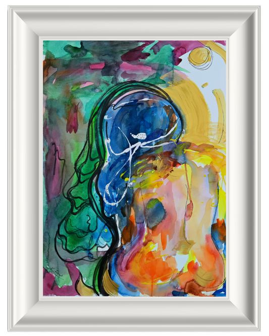 An abstract watercolor painting of a seated figure in profile, rendered with expressive brushstrokes in blue, green, yellow, orange, pink, and purple, presented within a white frame.