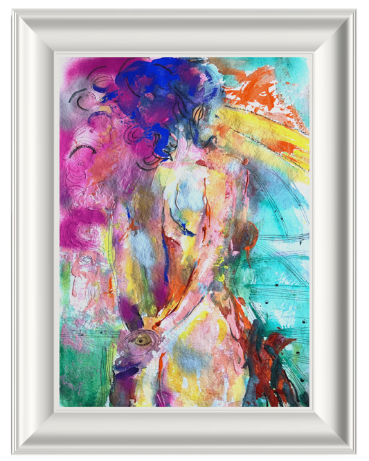 An abstract painting of a nude female figure in profile, rendered with expressive brushstrokes in vibrant pink, blue, yellow, green, and orange tones, presented in a white frame.