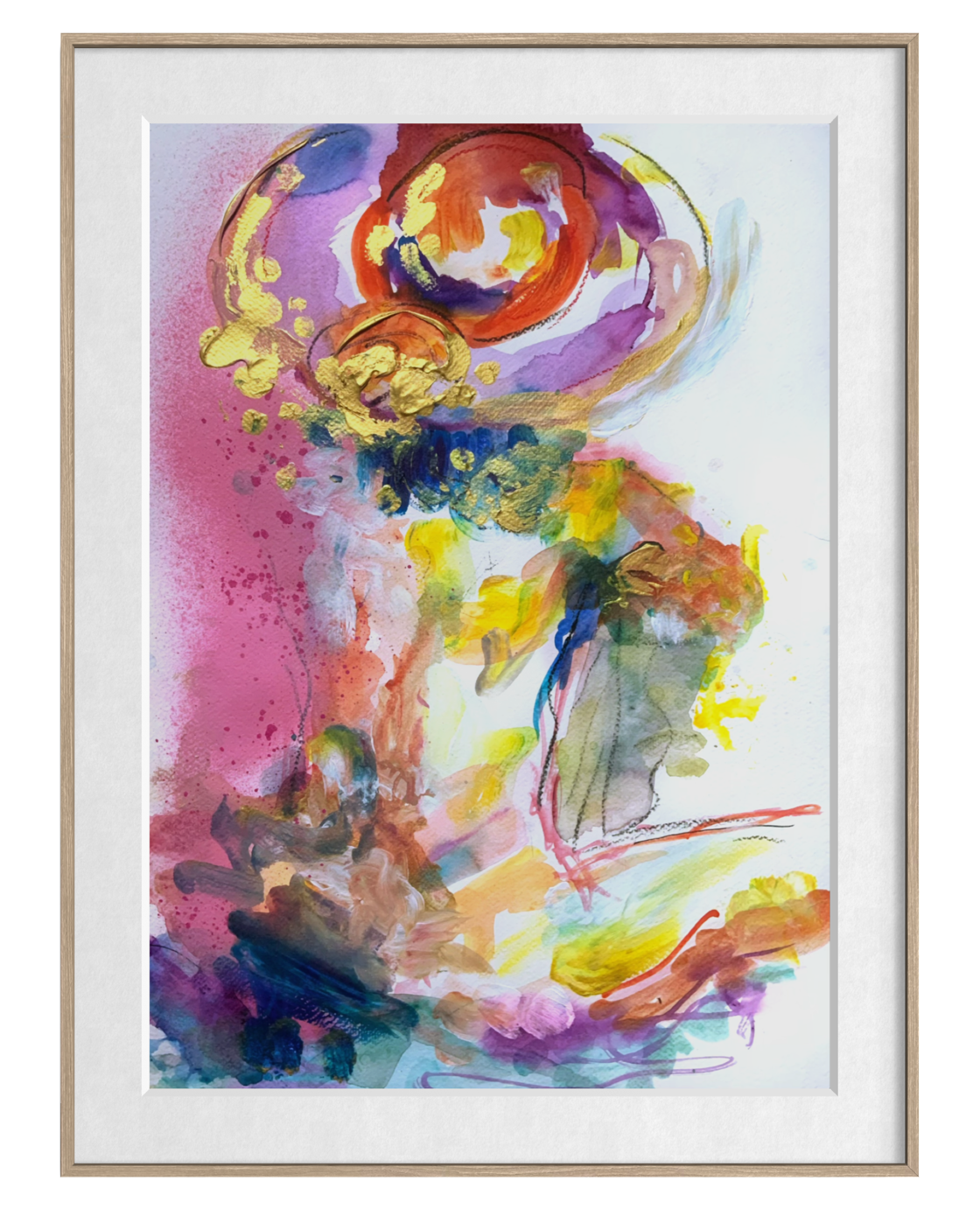 Abstract watercolor art print featuring expressive brushstrokes and splatters in pink, purple, orange, yellow, blue, and green on a white background, presented in a light wood frame with a white mat.