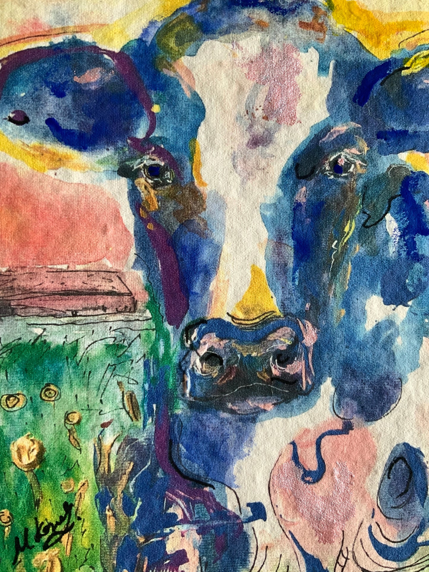 ‘Blue Cow’ Art Print with Hand Painted Details