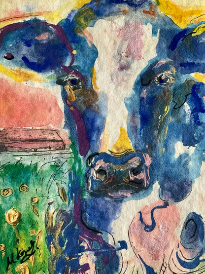 ‘Blue Cow’ Art Print with Hand Painted Details
