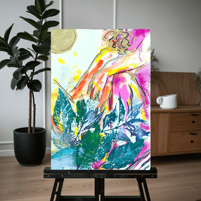 Colorful abstract painting on an easel in a room with a plant and wooden furniture about love.