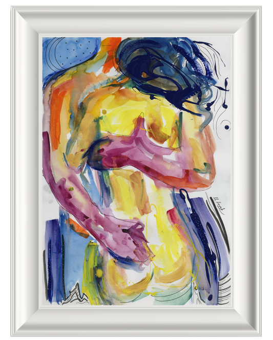 Original abstract painting of a hugging couple UK in a frame available 