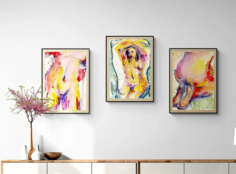Abstract Nude Woman Body Set of 3 Wall Art ‘She Unveiled - Trilogy‘ Print Sizes: A4 A3 A2 A1