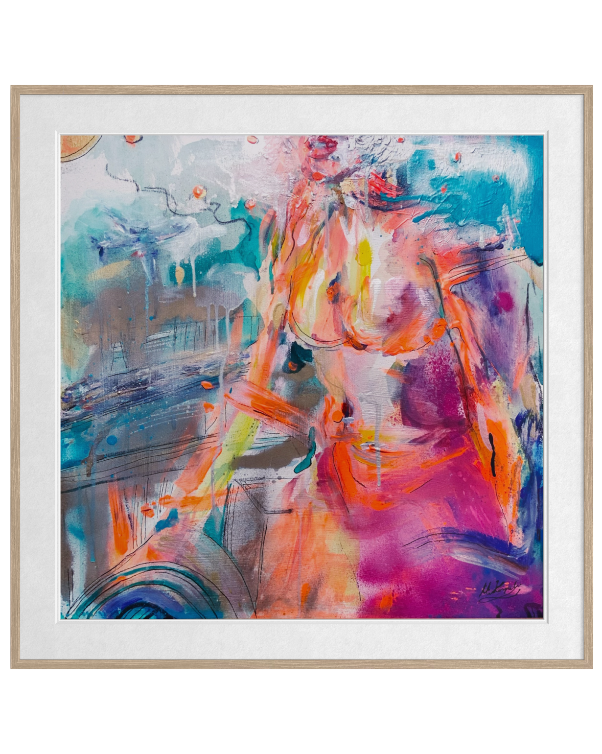 An abstract painting of a female figure in vibrant shades of orange, pink, purple, and blue, presented in a light wood frame with a white mat border.
