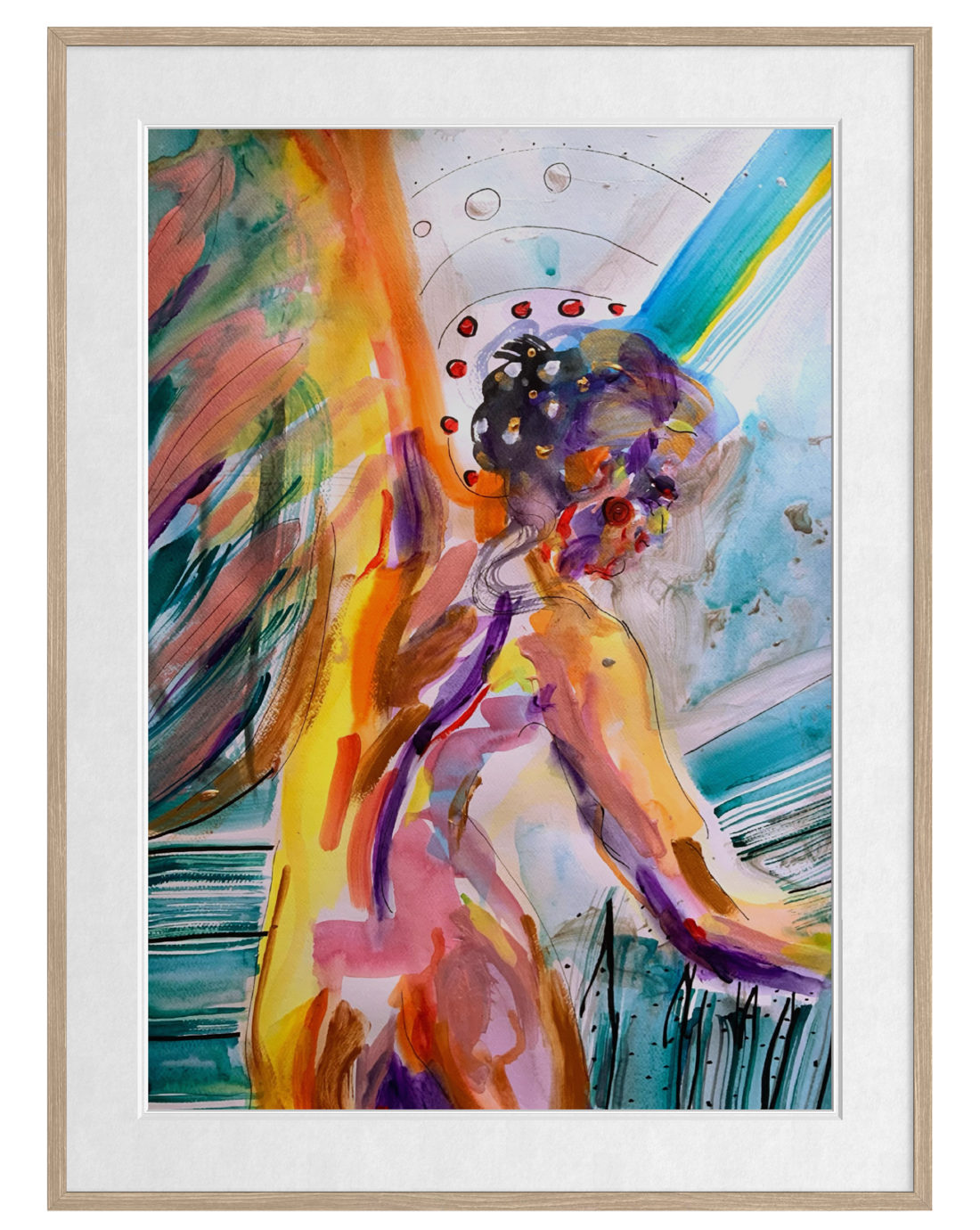 An abstract painting of a female figure dancing in warm yellow, orange, and pink tones, set against a background of teal, blue, and white. The artwork is presented in a light wood frame with a white mat board.