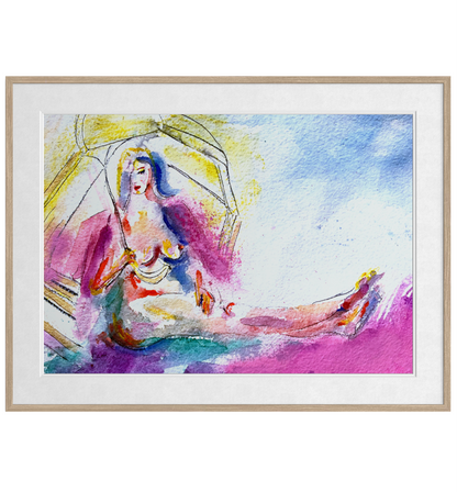 A framed watercolor painting of a woman in a purple and pink dress, seated under a yellow parasol against a blue and white background, presented in a light wood frame with a white mat.