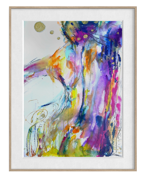 Abstract watercolor art print featuring a colorful female figure in shades of purple, blue, yellow, orange, and green, presented in a light wood frame with a white mat.