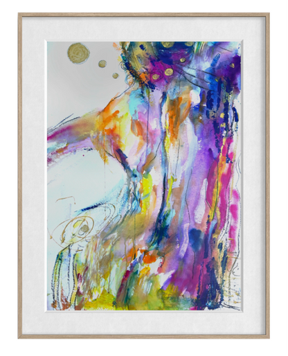 Abstract watercolor art print featuring a colorful female figure in shades of purple, blue, yellow, orange, and green, presented in a light wood frame with a white mat.