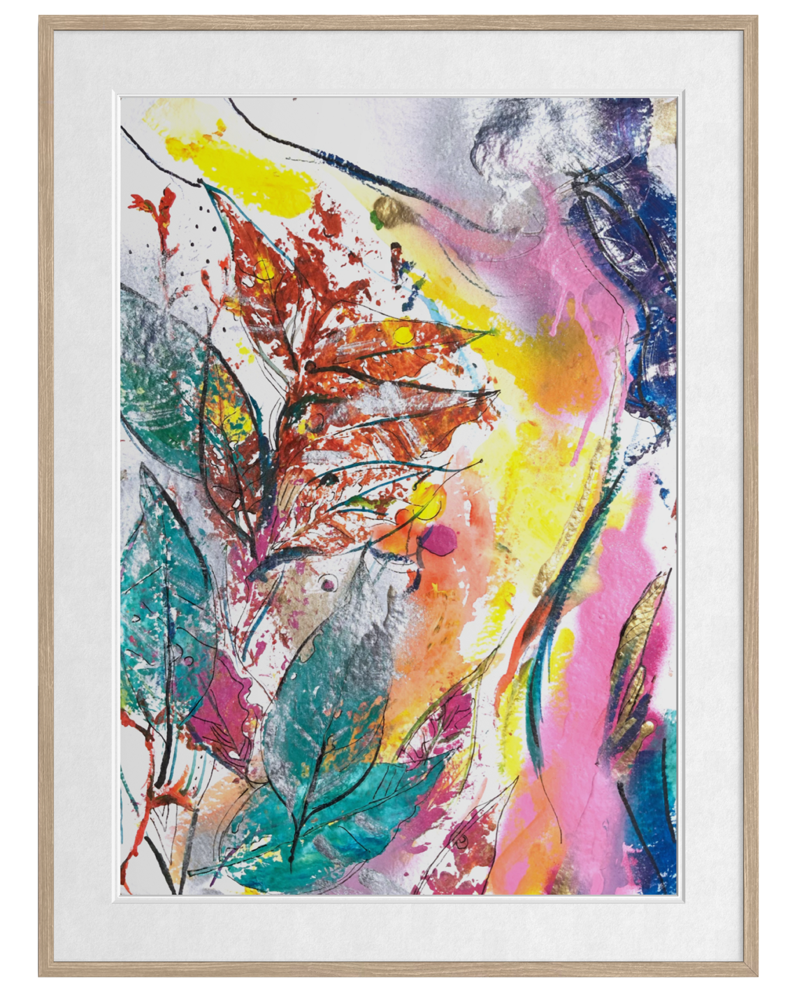 An abstract framed art print featuring a vibrant, multicolored composition with splashes of yellow, pink, teal, red, and blue on a white background, enclosed in a light wood frame with a white mat.