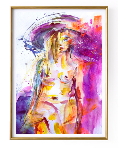 Colorful abstract painting of a woman with a large hat in a gold frame for sale UK