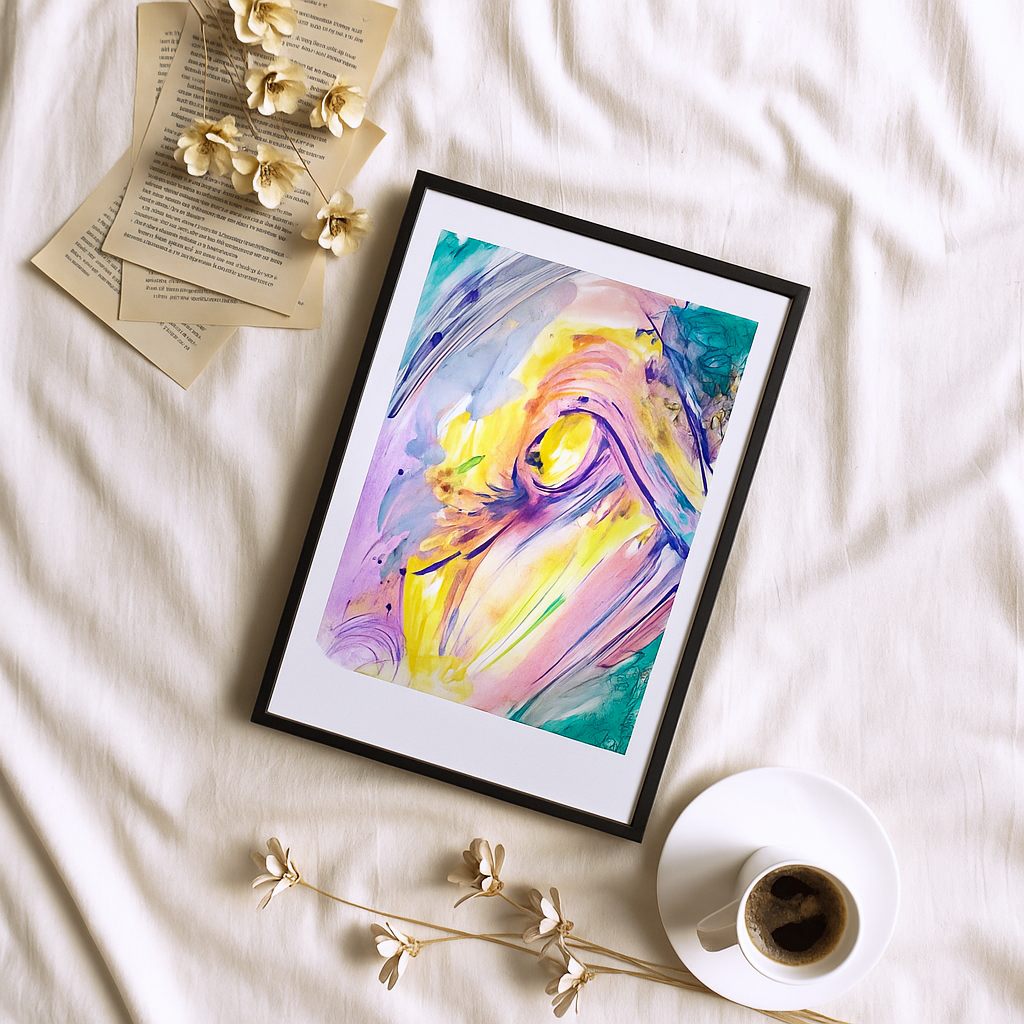 Framed abstract art print on a white surface with a cup of coffee and flowers.