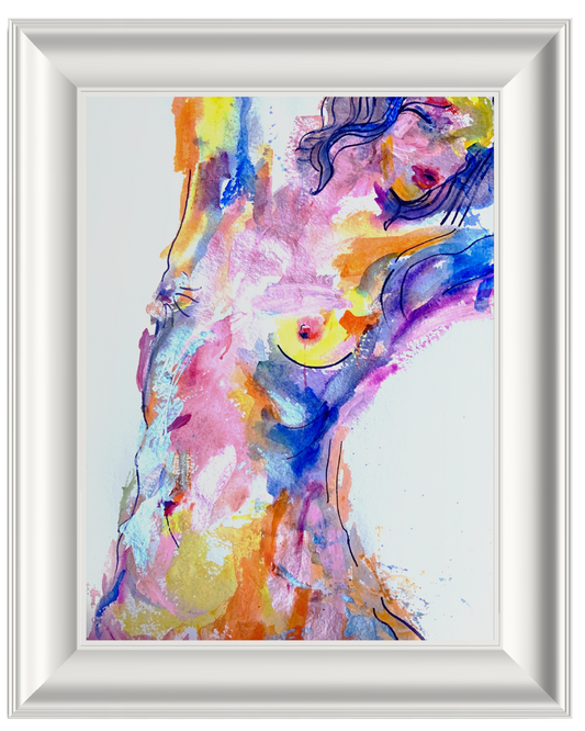 A framed abstract art featuring a stylized female figure in profile, rendered with vibrant splashes of pink, blue, yellow, orange, and purple on a white background, enclosed in a white frame.