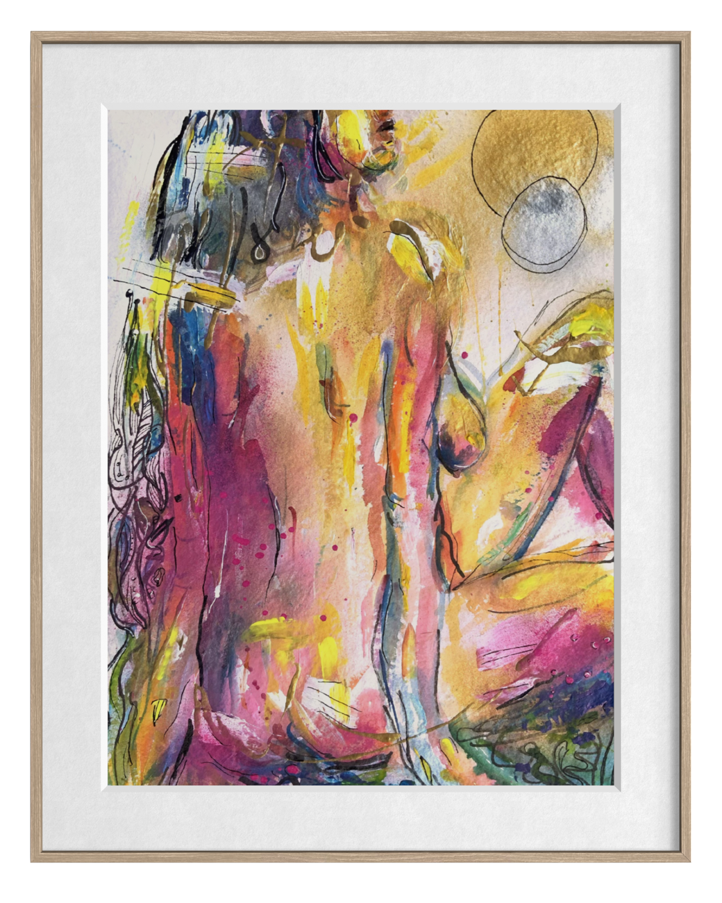An abstract art print featuring a colorful, expressive depiction of a nude female figure in shades of yellow, pink, purple, and green, presented in a light wood frame with a white mat.