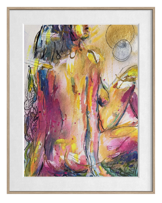 An abstract art print featuring a colorful, expressive depiction of a nude female figure in shades of yellow, pink, purple, and green, presented in a light wood frame with a white mat.