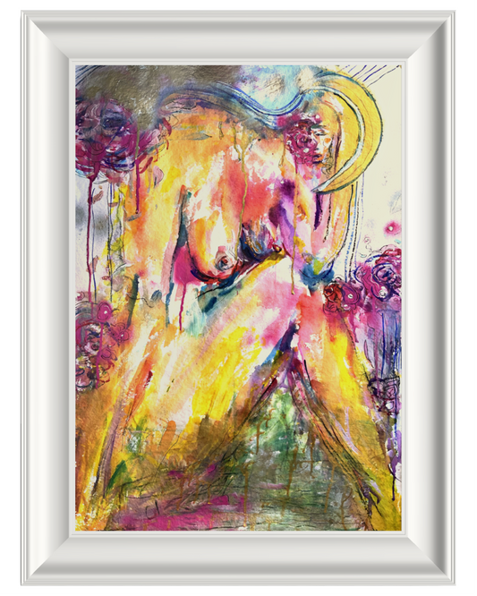 A framed abstract art featuring a colorful, expressive painting of a nude female form with yellow, pink, purple, and green tones, enclosed in a white frame.