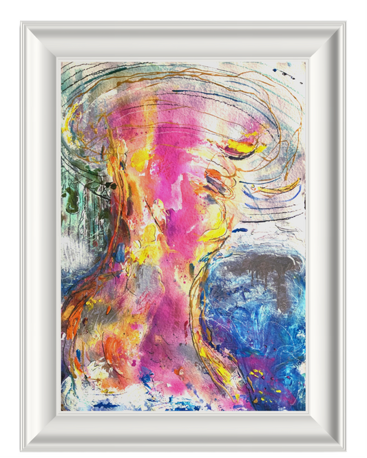 Framed abstract painting featuring a stylized female figure in vibrant pink, yellow, blue, and orange tones, enclosed in a white frame.
