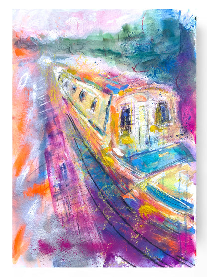 Colorful abstract painting of a narrow boat on water for sale UK