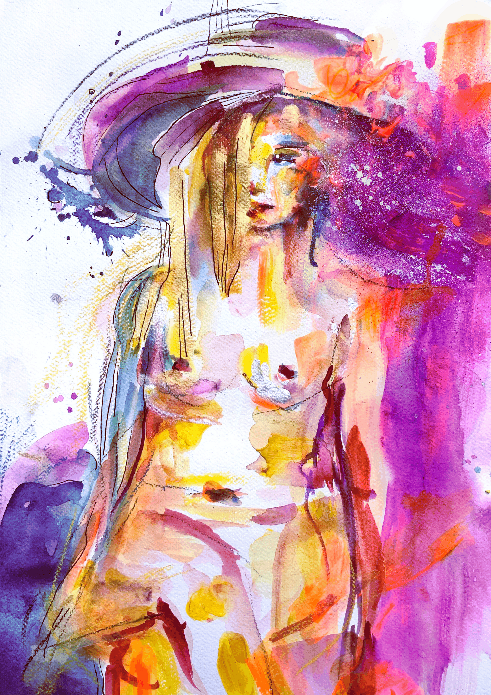 Abstract original nude painting of a woman with vibrant colours