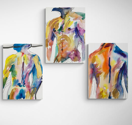 Abstract Nude Man Body Set of 3 Wall Art ‘He, Unveiled - Trilogy‘