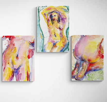 Abstract Nude Woman Body Set of 3 Wall Art ‘She, Unveiled - Trilogy‘