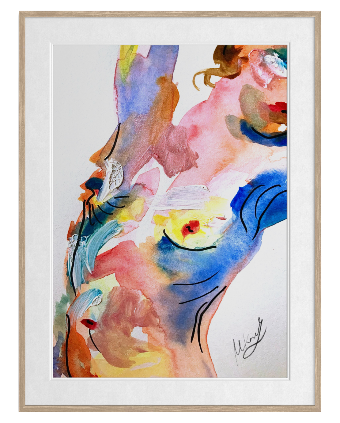Framed abstract watercolor art print featuring a stylized female figure in flowing pastel tones of pink, blue, purple, yellow, and orange on a white background, enclosed in a light wood frame with white matting.