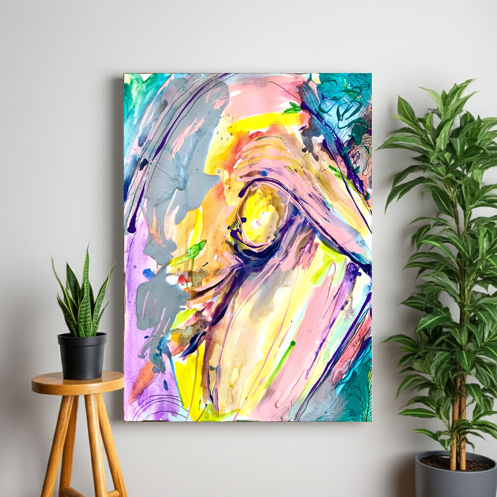 a colourful abstract painting on a wall in a living room