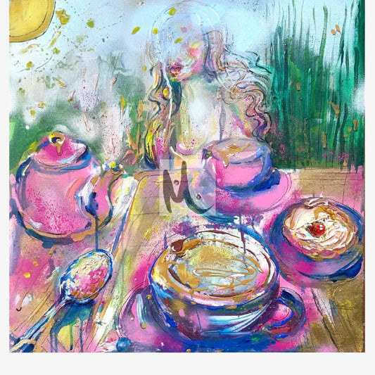 abstract painting in the cafe, showcasing a woman and a table with cup of coffee , a spoon and a tea pot and cake