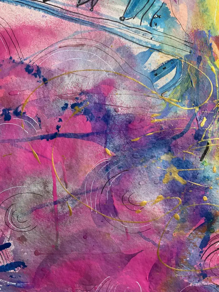 Abstract art with pink, blue, and yellow colors