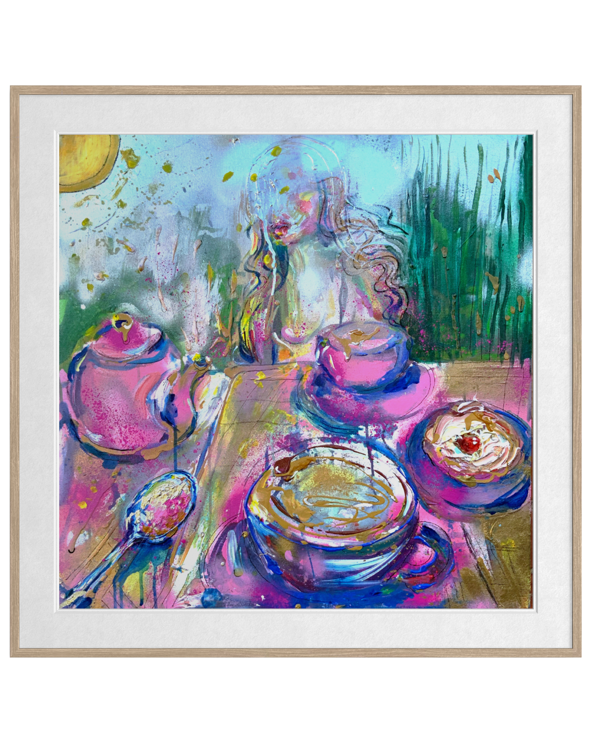 A framed abstract painting depicting a colorful tea-time scene with teapots, cups, and desserts in vibrant pink, blue, green, and gold tones, set within a light wood frame and white mat.