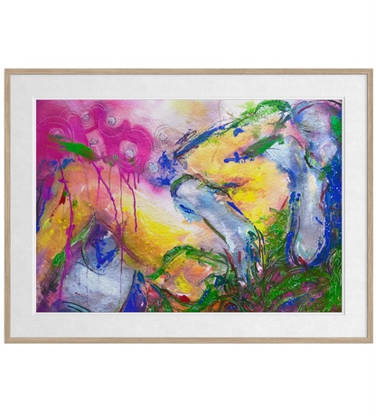 An abstract painting of a hug with vibrant splashes of pink, yellow, blue, green, and purple, presented in a light wood frame with a white mat border.