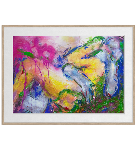 An abstract painting of a hug with vibrant splashes of pink, yellow, blue, green, and purple, presented in a light wood frame with a white mat border.