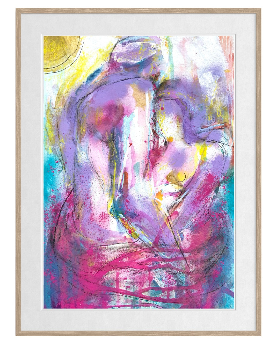 Abstract framed art print featuring a colorful painting of two  people embracing love in shades of purple, pink, blue, and yellow, enclosed in a light wood frame with a white mat.