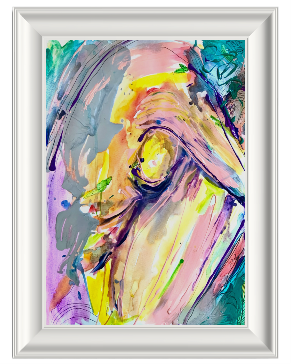 Abstract framed wall art featuring expressive brushstrokes in yellow, pink, purple, teal, and gray, presented in a white rectangular frame against a light neutral background.