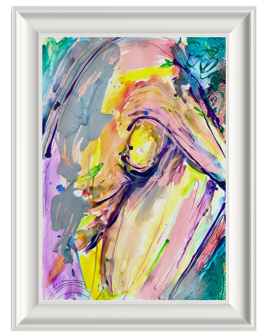 Abstract framed wall art featuring expressive brushstrokes in yellow, pink, purple, teal, and gray, presented in a white rectangular frame against a light neutral background.