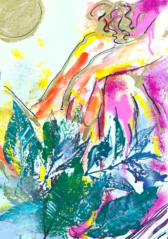 Abstract artwork with colourful leaves and a person, using watercolour techniques about love.
