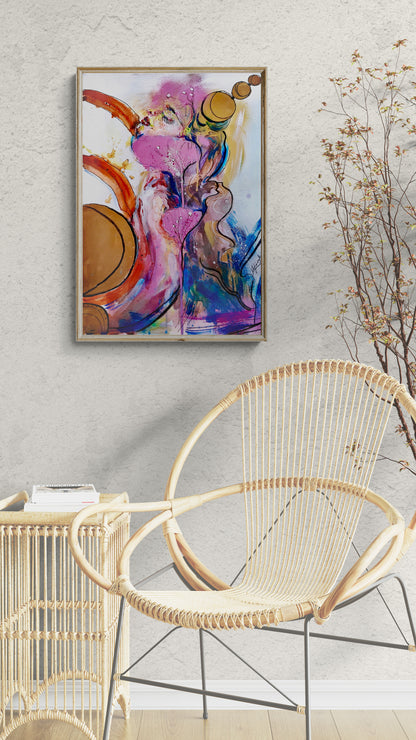 Wicker chair in a room with a colorful abstract painting on the wall.