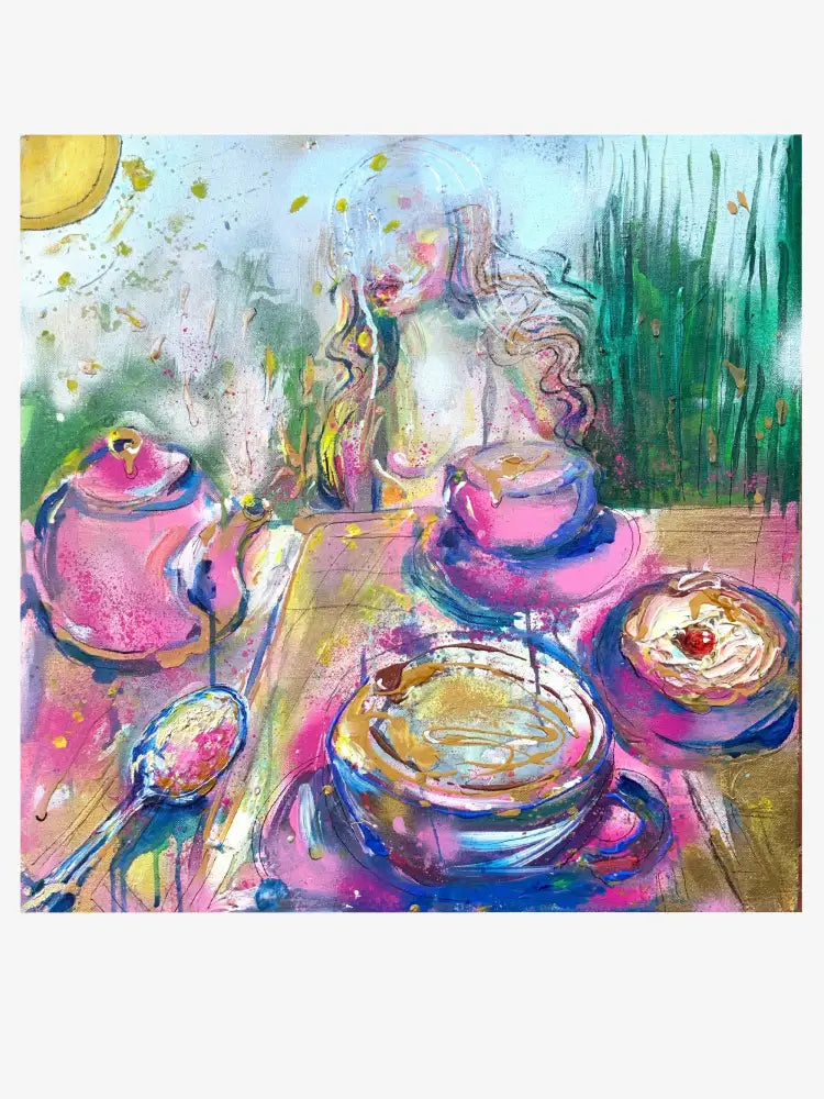 abstract painting in the cafe, showcasing a woman and a table with cup of coffee , a spoon and a tea pot and cake