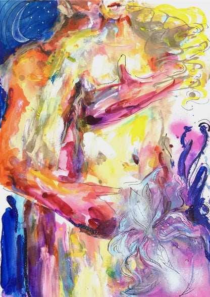 Colorful abstract painting with vibrant colors and fluid shapes about love